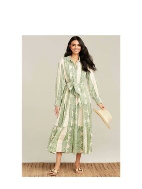 Roller Rabbit Green and White Long Sleeve Tiered Maxi Dress